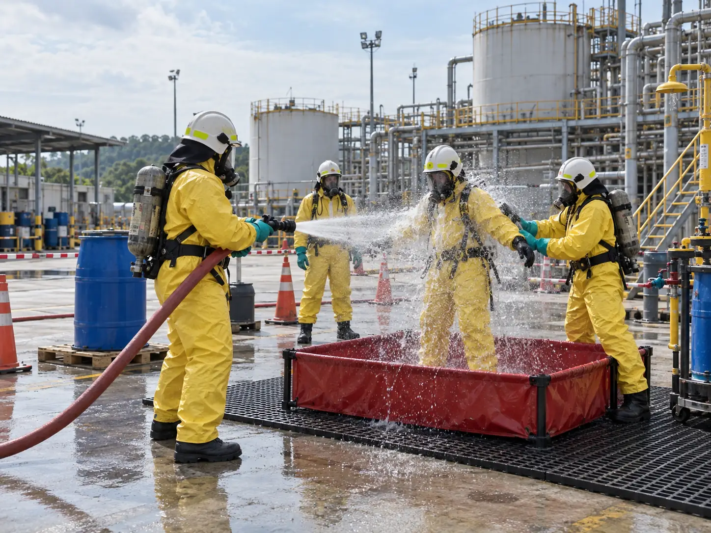 HAZMAT response workers handling hazardous materials in an industrial workplace
